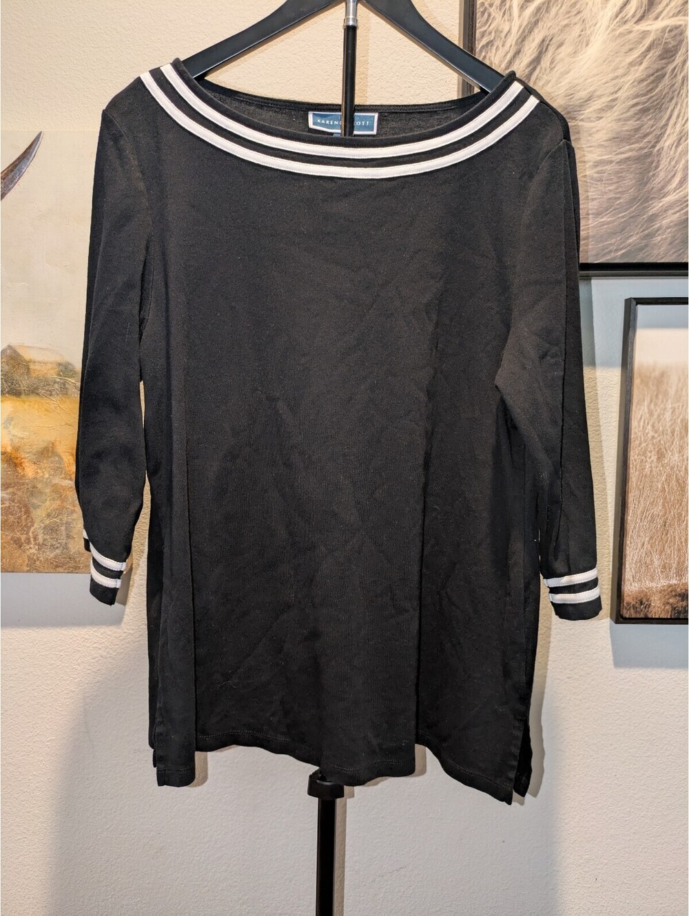 Karen Scott XL Black White Stripe 3/4 Sleeve Cotton Tunic Top